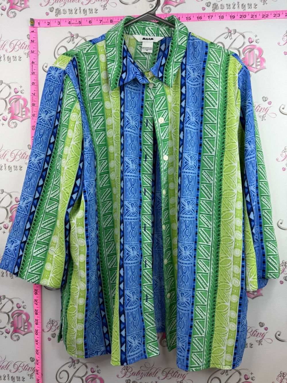 ALIA shirt button up tiki theme Green & Blue Vertical Stripe Button Down Shirt